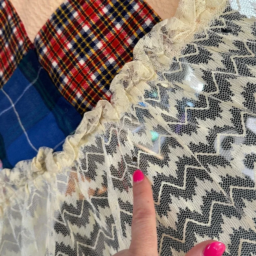 VTG Handmade Patchwork‎ Quilt 42x86 Plaid Floral Fabric Lace Embroidery Cottage